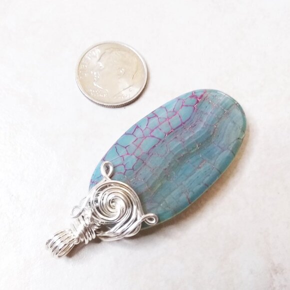 Gorgeous Dragonvein Agate Pendant with Wire Wrapped Bail - Blue Green Color Hues - Picture 1 of 8